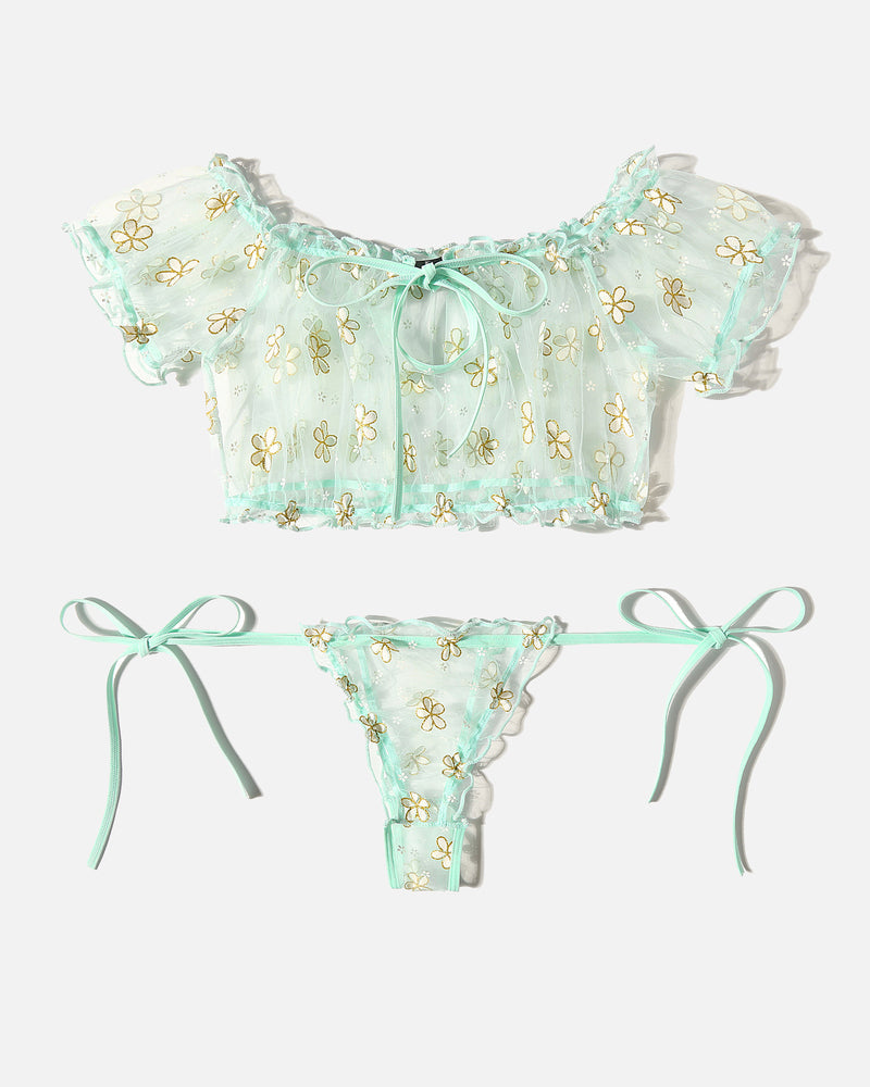Turquoise floral mesh off-shoulder crop top and matching thong with tie sides