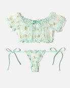 Turquoise floral mesh off-shoulder crop top and matching thong with tie sides