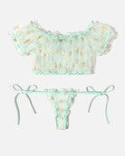 Turquoise floral mesh off-shoulder top and thong with bow ties, ruffled trim