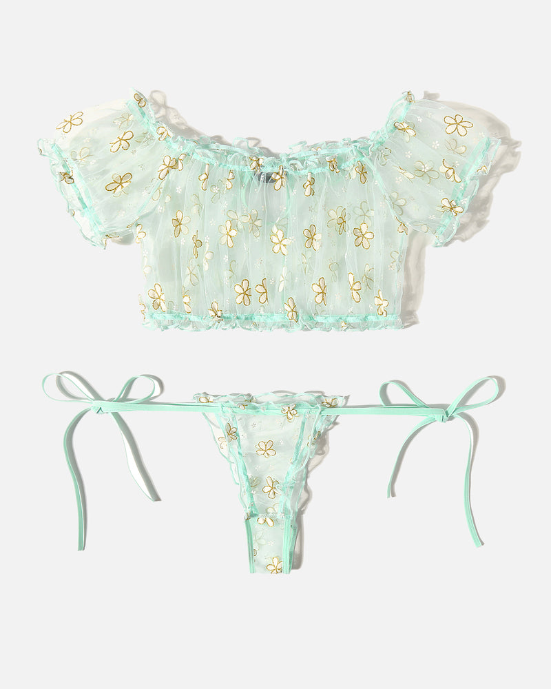 Light blue mesh butterfly bra and panty set with flutter sleeves and tie-side thong