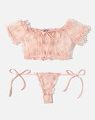 Light pink lace ruffle bra and thong set with gold floral embroidery and bow ties
