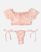 Pink mesh off-shoulder ruffle bra and matching thong panties set with bow ties