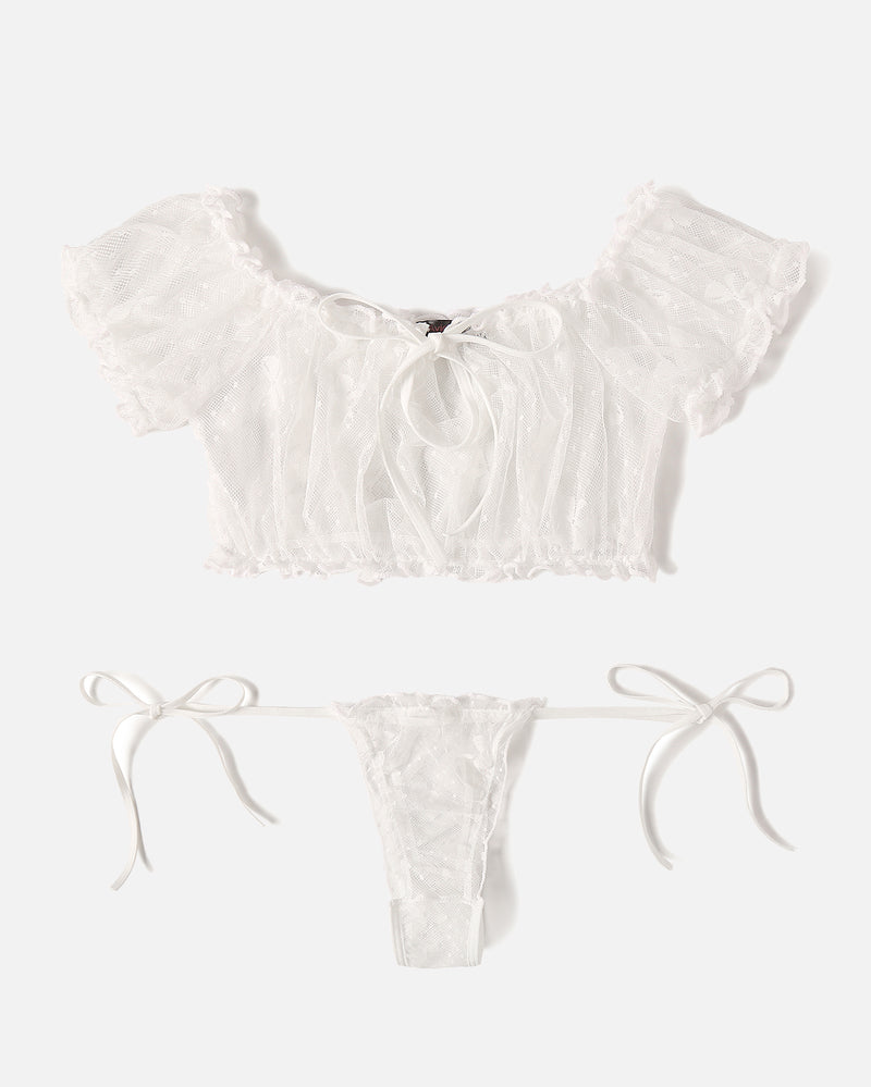 White lace ruffle bra and panty set, off-shoulder sleeves and matching lace-trim briefs