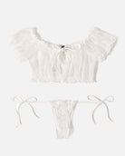 White lace ruffle bra and panty set, off-shoulder sleeves and matching lace-trim briefs