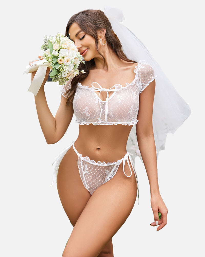 Mesh dot lingerie set with off-shoulder ruffle bra and tie-side thong in white