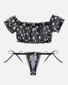 Daisy print lace ruffle bralette and thong set, black sheer with ribbon bow ties