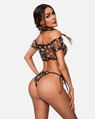 Daisy print lace ruffle bra and thong panty set, black sheer with bow tie back