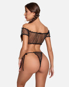Mesh bra and panty set, black sheer off-shoulder bra with star speckle and tie side thong