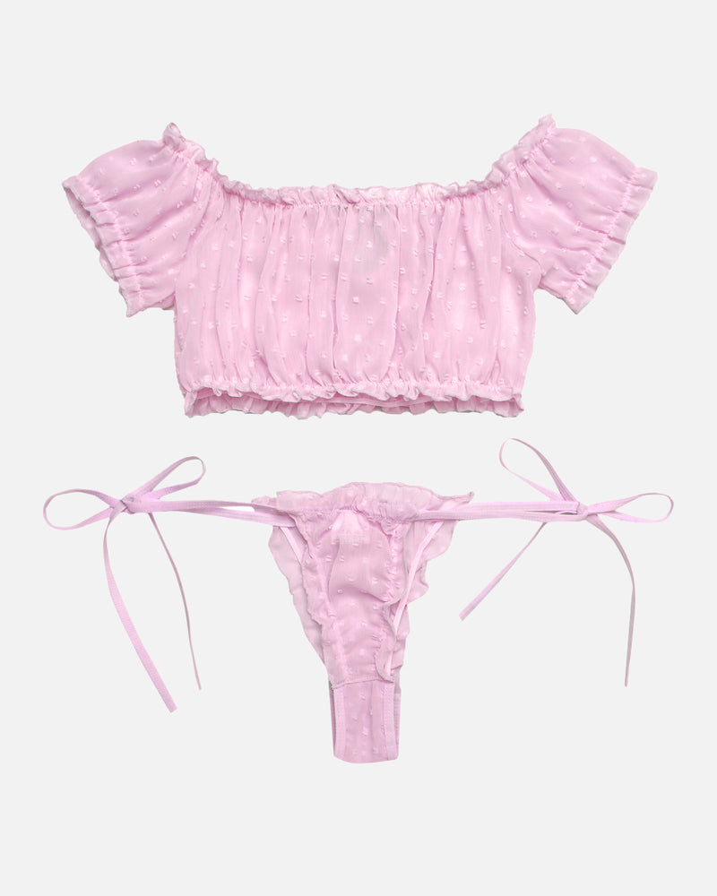 Pink mesh off-shoulder crop bra and thong panty set with ribbon ties