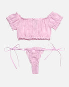 Pink mesh off-shoulder crop bra and thong panty set with ribbon ties