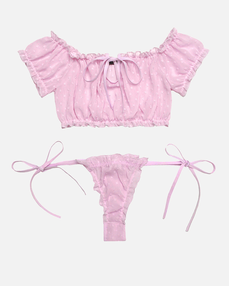 Pink mesh off-shoulder bra with lace trim and triangle thong panty set