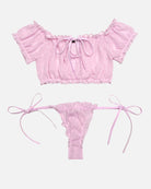 Pink mesh off-shoulder bra with lace trim and triangle thong panty set