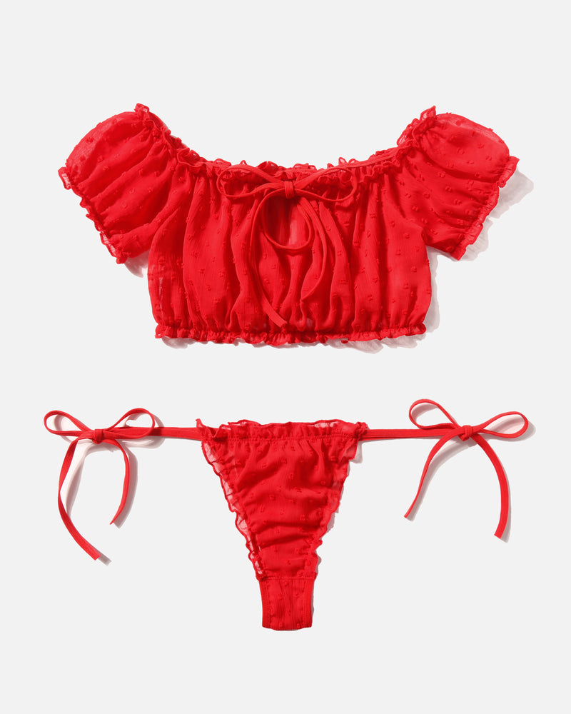 Red mesh off-shoulder bra and thong panty set with ruffled trims and ribbon ties