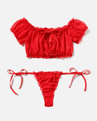 Red mesh off-shoulder bra and thong panty set with ruffled trims and ribbon ties