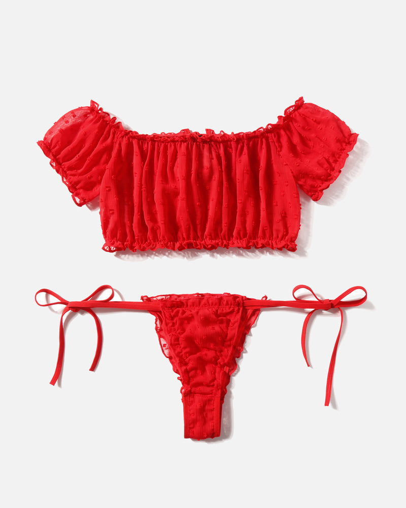 Red mesh off-shoulder bra and thong panty, ruffled edges and ribbon side ties