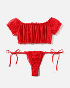 Red mesh off-shoulder bra and thong panty, ruffled edges and ribbon side ties