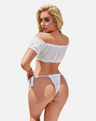 White mesh off-shoulder bra and bikini-style panty lingerie set with ribbon ties