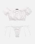 White mesh off-shoulder crop bra and thong panty set with ribbon ties