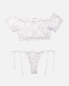 White mesh off-shoulder crop bra and thong panty set with ruffled trim