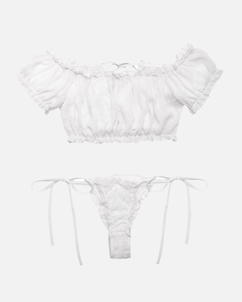 White mesh off-shoulder crop bra and thong panty set with ruffled trim