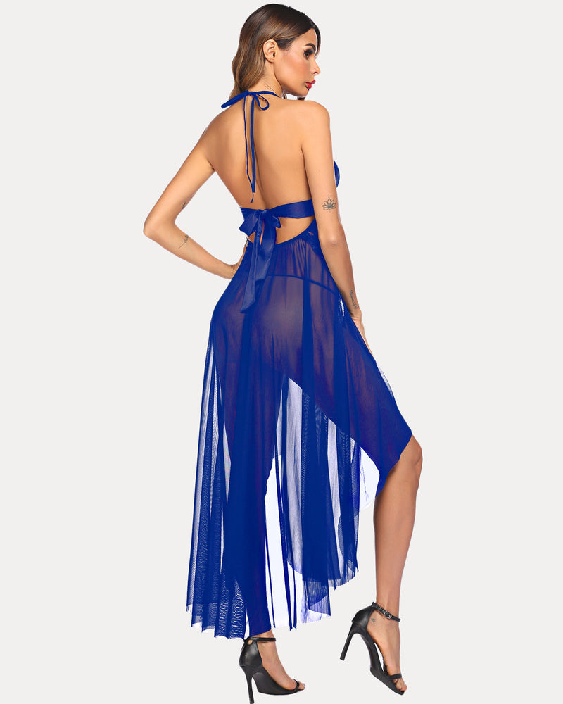 Blue sheer backless deep V nightwear with lace trim and flowing tulle skirt