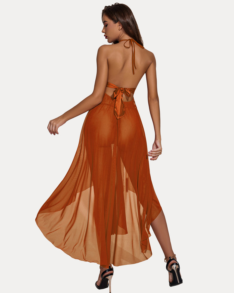 Orange lace mesh halter dress with open back and draped sheer A-line skirt