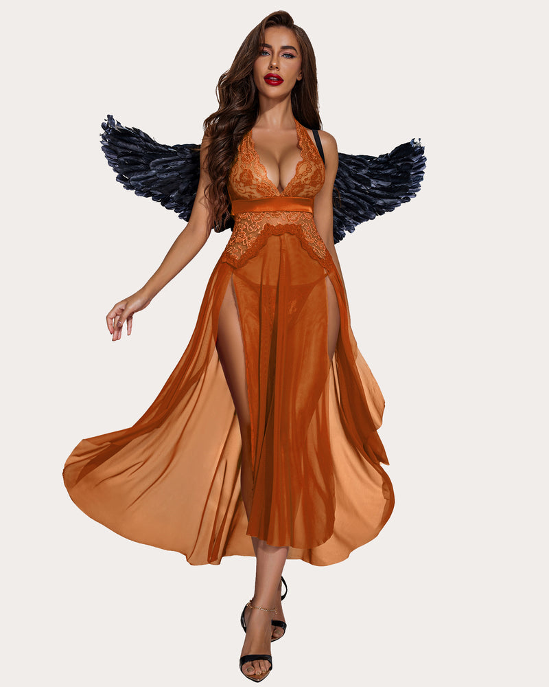 Orange lace mesh dress with plunging lace bodice, thigh slit, and winged accents