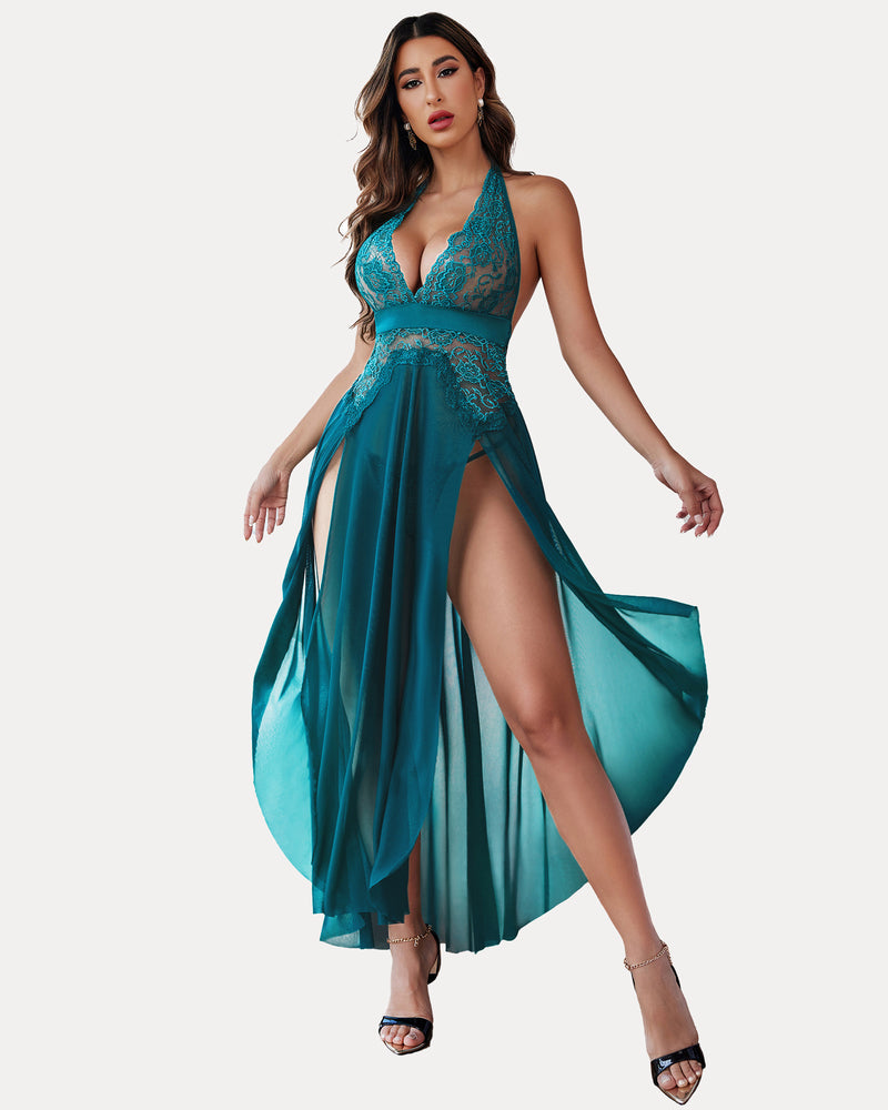 Teal deep V lace mesh dress with sheer flared skirt and thigh-high slit