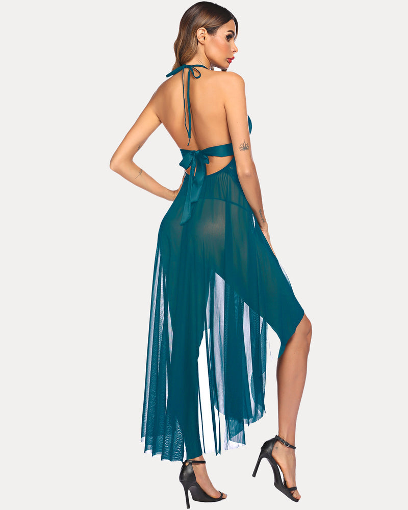 Teal lace mesh backless dress with ribbon straps and flowing high-slit skirt