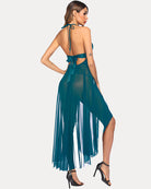 Teal lace open-back nightgown with tied straps and flowing sheer skirt
