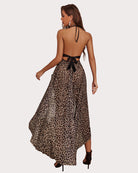 Leopard-print halter-back nightdress with open back strap and flowing hem