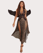 Leopard-print deep V nightdress with black lace bodice and winged sleeves