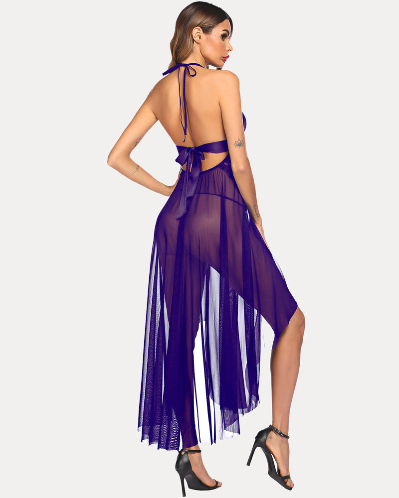 Purple lace mesh deep V dress with open back and tie shoulder straps