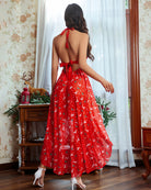 Red satin mesh dress with lace-up halter straps and low back