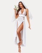 White lace mesh deep V-neck slip dress with ruffle trim and sheer skirt