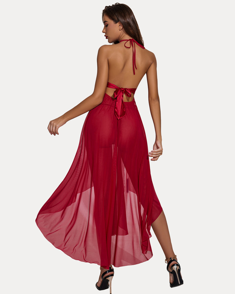 Red lace mesh back-tie dress with open back and flowing high-slit skirt