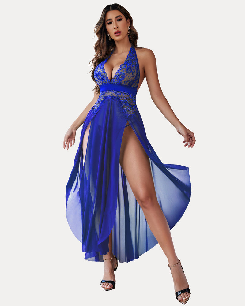 Blue lace mesh wedding dress with lace halter bodice, draped sheer skirt, and side slit.