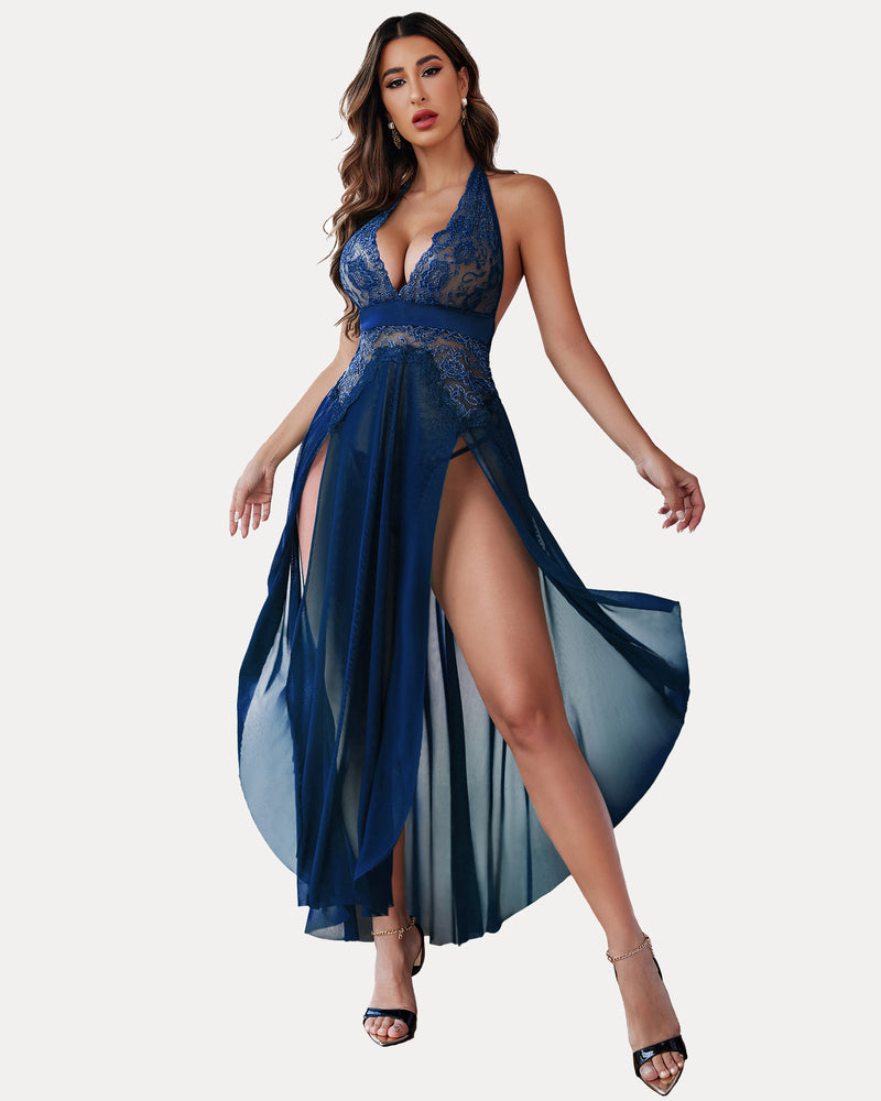 Dark blue lace mesh halter dress with flowing sheer skirt and side slit