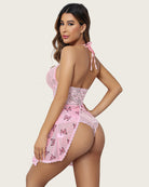 Pink lace halter V-neck babydoll dress with floral print, bow at bust, lace trim hem