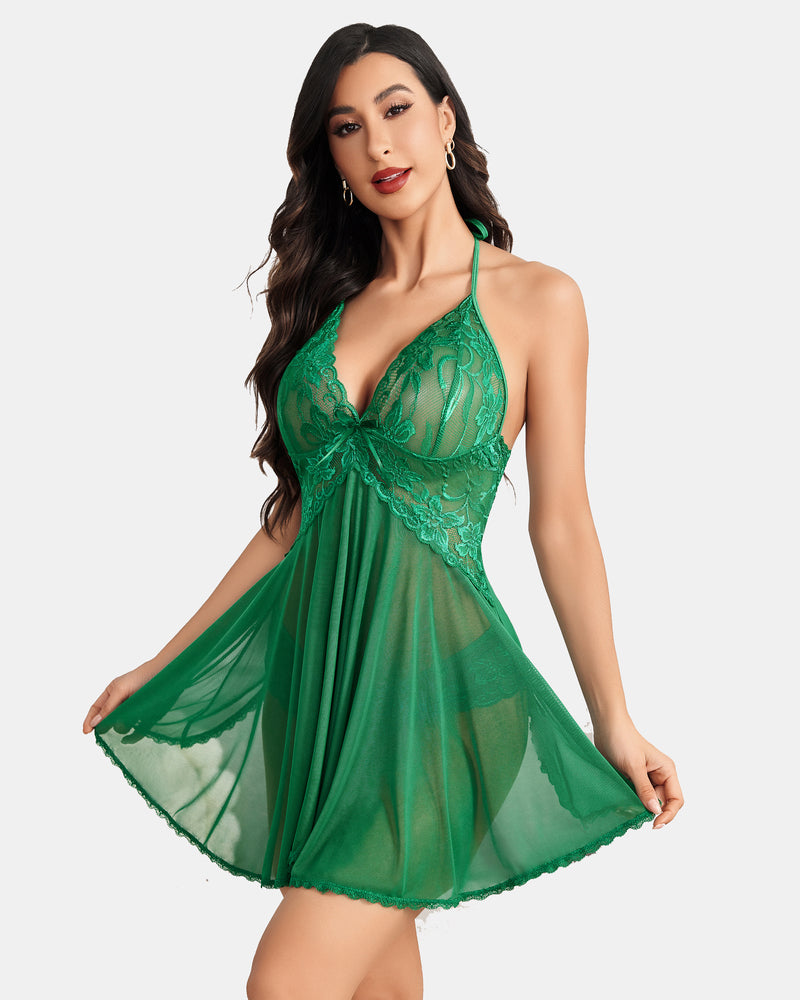 Green lace halter V-neck nightdress with V-neckline lace and flared sheer skirt