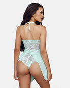 Mint green lace halter V-neck nightdress, lace back panel and tie shoulder straps