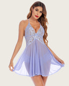 Lavender lace babydoll dress with floral lace bodice, sheer A-line skirt