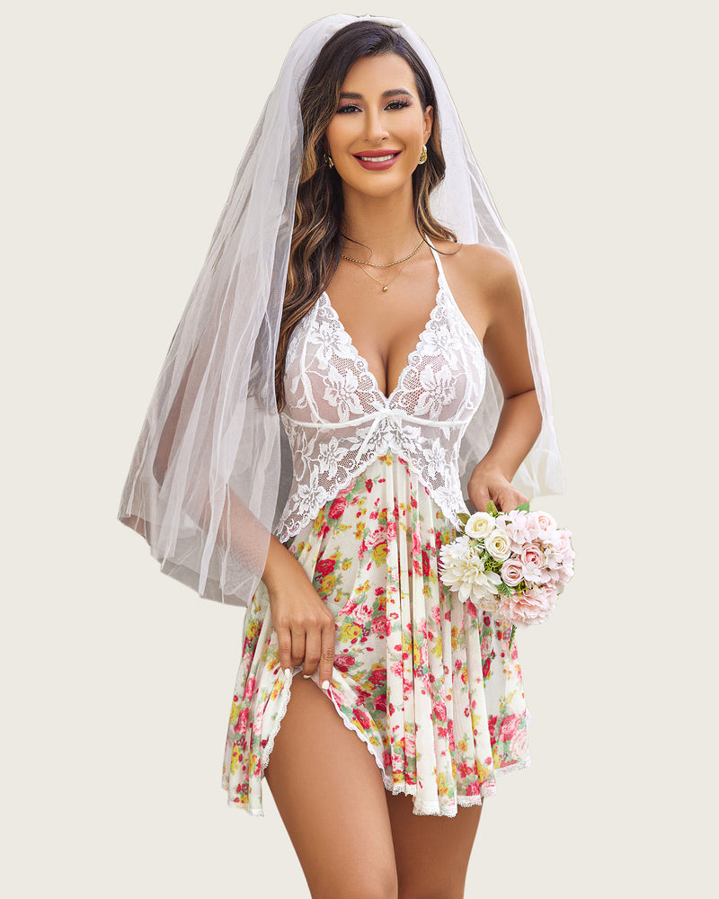 White lace halter V-neck mini dress with floral print skirt and scalloped lace trim