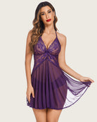 Purple lace halter V-neck nightdress with sheer pleated skirt and lace trim.