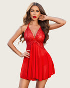 Red lace halter V-neck nightdress with bow-front detail and sheer pleated skirt.