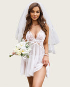 White lace halter V-neck nightdress with sheer tulle skirt and lace trim.