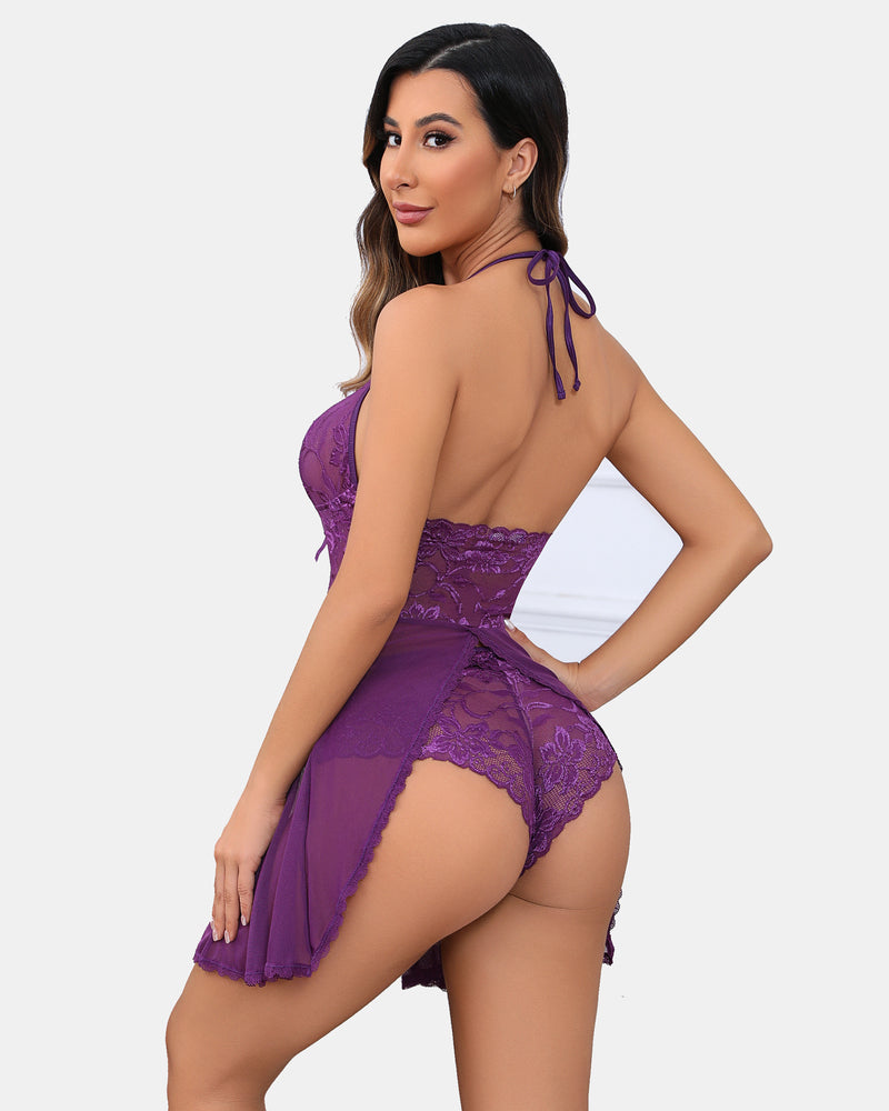 Purple lace halter V-neck dress with tie-back straps and scalloped lace hem