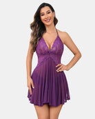 Purple lace halter V-neck babydoll dress with bow front and pleated skirt