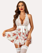 White lace halter babydoll with floral print skirt, V-neck, bow tie front and garters