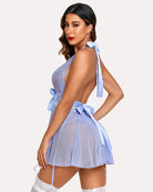 Light blue lace halter babydoll, ribbon ties, sheer pleated skirt, lace garter belt